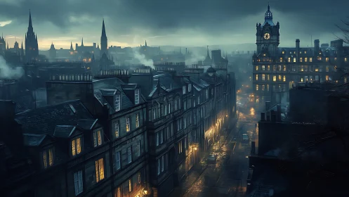 Moody Victorian city street glows under stormy twilight skies.