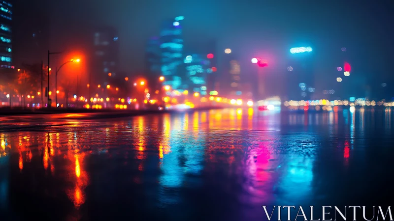 Rain-soaked boulevard with neon bokeh reflections at night