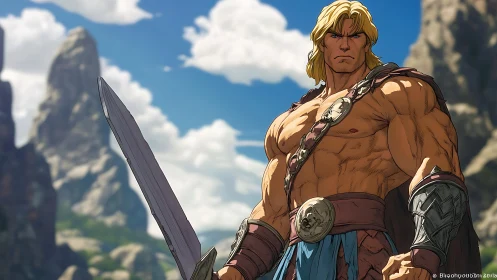 Muscular sword-bearing warrior in rocky outdoor landscape.