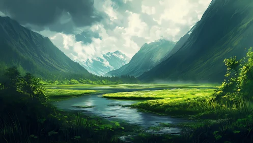 Sunlit alpine valley river cuts through emerald wetlands.