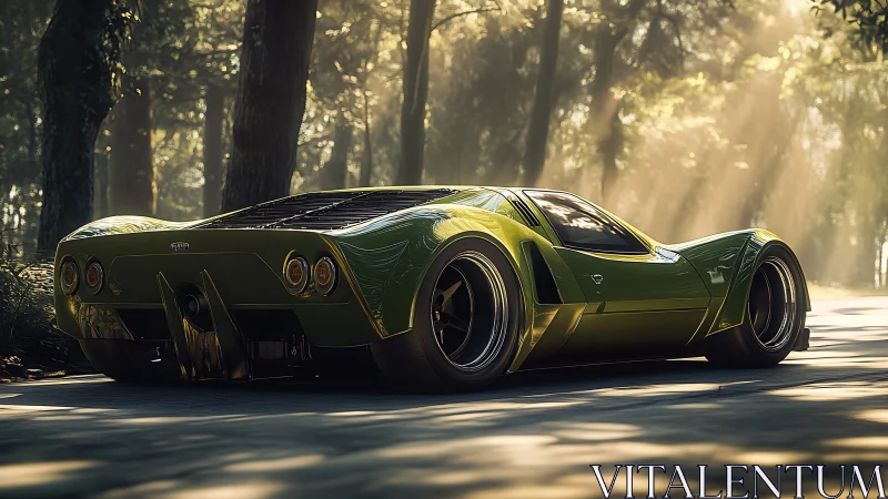 Green sports car parked on forest road in soft daylight.