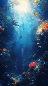 Sunlit coral reef glows while curious tropical fish drift by