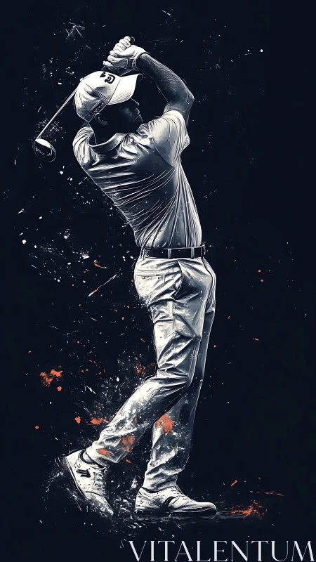Dynamic digital painting of golfer mid-swing with splatter effects