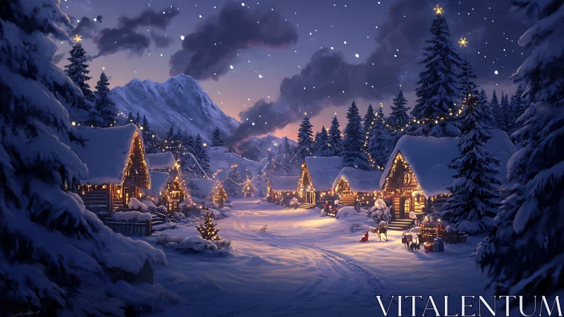 Snowy mountain village with warmly lit holiday cabins.