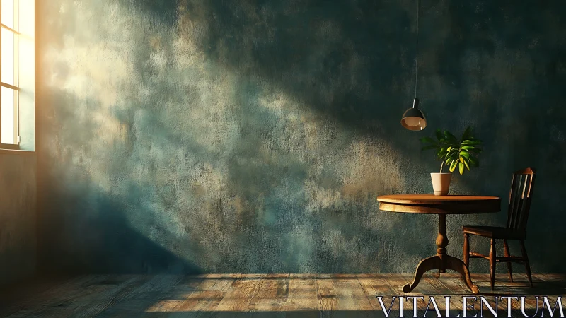 Quiet sunlit corner with rustic table, plant, and chair.
