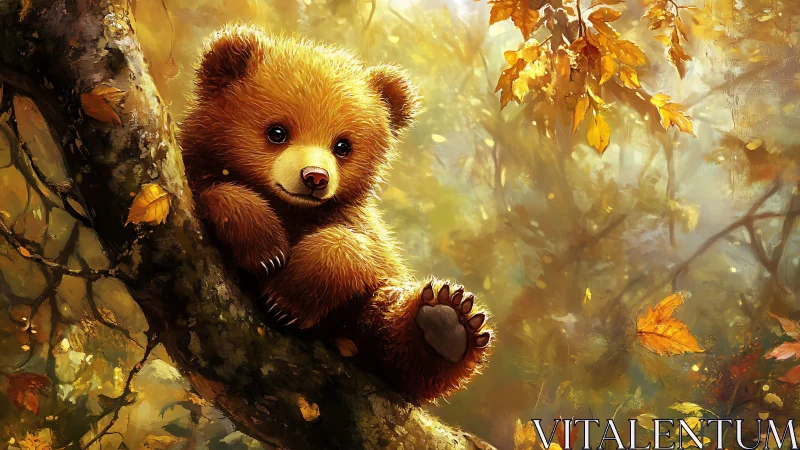 Young bear resting on tree branch in autumn forest scene.