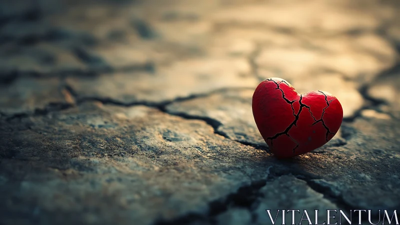 Cracked red heart resting on parched, fissured earth surface
