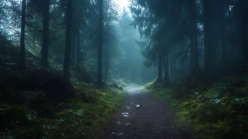Misty forest pathway with towering conifers and atmospheric light