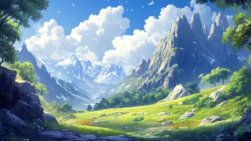 Sunlit valley dreaming beneath feather-bright mountain crowns.