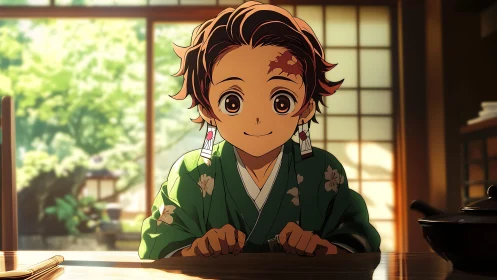 Smiling kimono-clad boy sits in sunlit traditional room