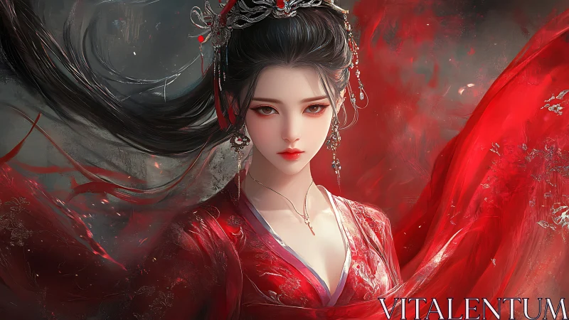 Crimson-robed moonlit maiden in ornate fantasy portrait.
