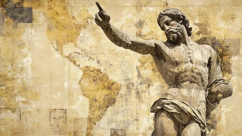 Classical stone statue of bearded man against world map