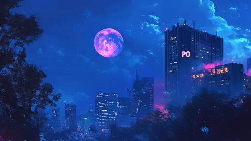 Urban night skyline under magenta moon with high-rise tower.