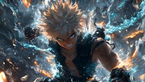 Explosive combatant in turbulent elemental energy vortex.