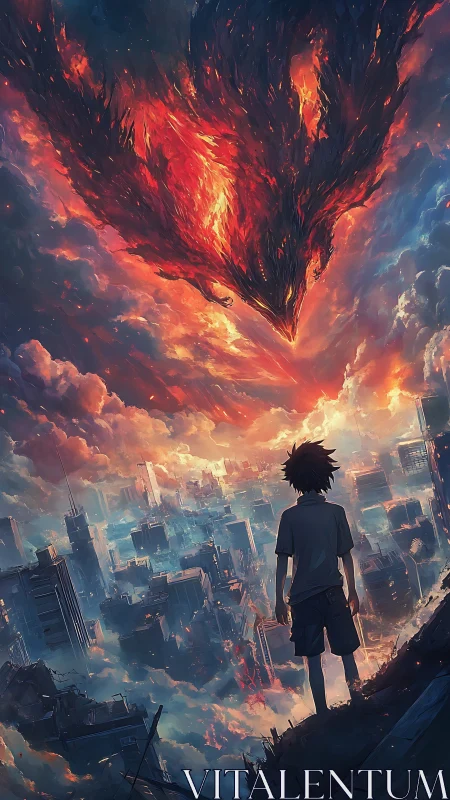 Apocalyptic fire entity descends over ruined anime metropolis