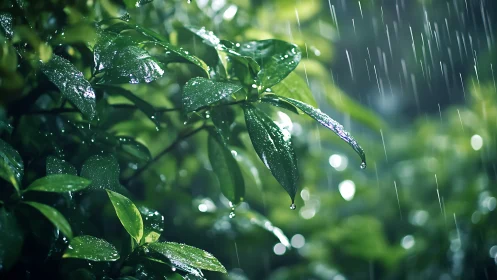 Rain-kissed emerald leaves shimmer in soft forest twilight.