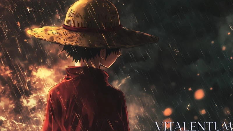 Solitary anime figure in rain observing distant firelight