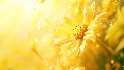 Yellow daisy flower in bright sunlight with water droplets