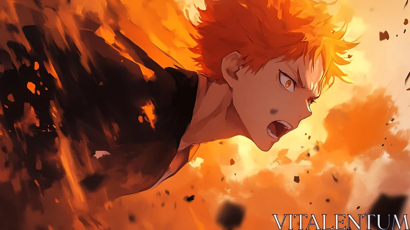 Orange haired anime figure in dynamic fiery motion scene.