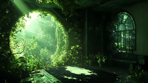 Emerald portal room where overgrown nature reclaims the light.