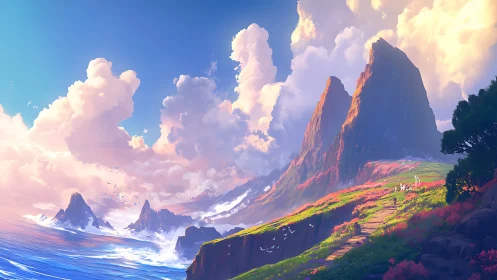 Mountainous landscape with dramatic cliffs and flowering valley.