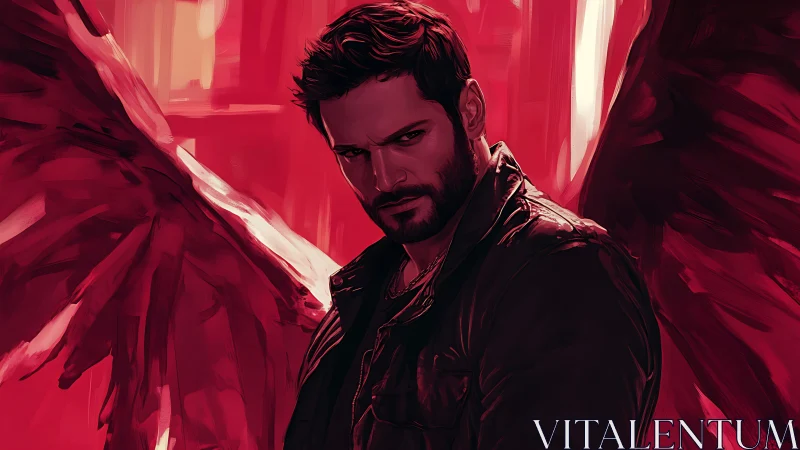 Dark winged antihero in crimson digital portrait.