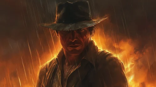 Weathered adventurer stands in fiery rainlit inferno