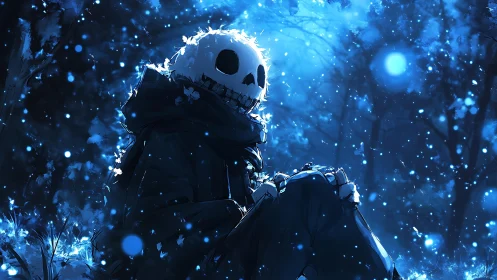 Gentle skeleton friend rests in a softly glowing winter forest