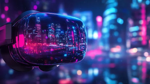 Neon urban skyline refracted in glossy VR headset optics.