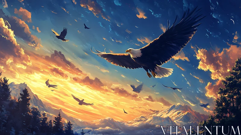 Majestic bald eagle soaring over mountains at sunset, digital art.