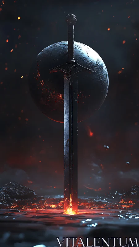 Sword intersects molten terrain and partially eclipsed sphere