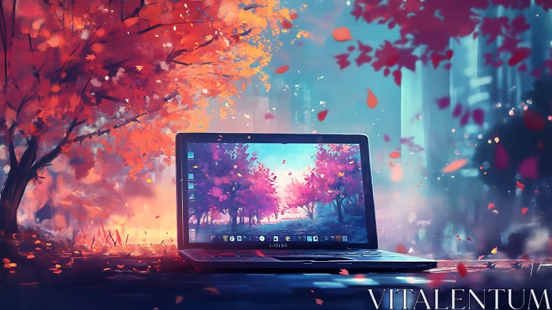 Laptop with autumn forest scene in vibrant digital art.