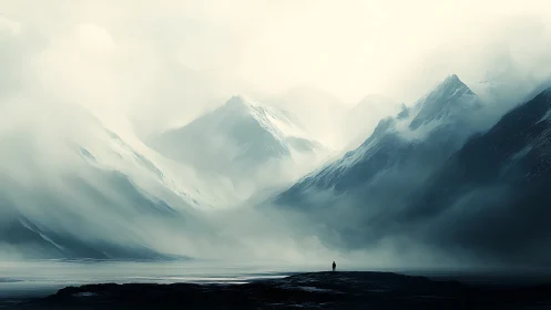 Solitary dreamer before ethereal mist-shrouded mountains.