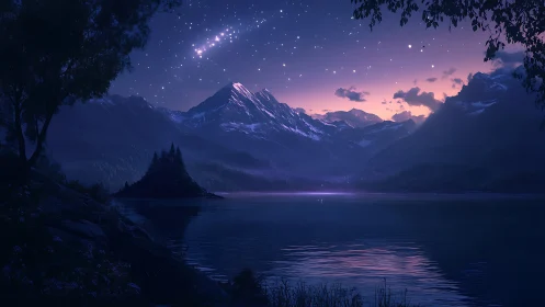 Twilight alpine lakescape captures ethereal starlit gradients