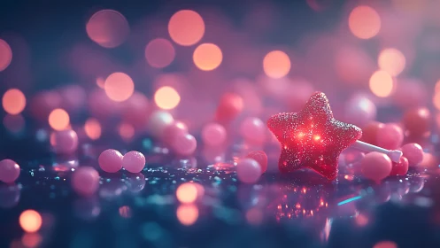 Star-shaped red lollipop rests among scattered candy spheres