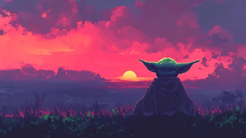 Small robed alien watches neon sunset over distant sea.