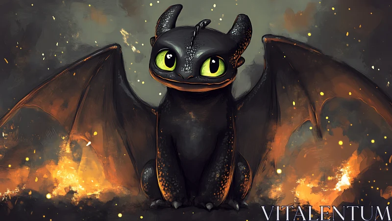 Cute black dragon over glowing embers in painterly firestorm.