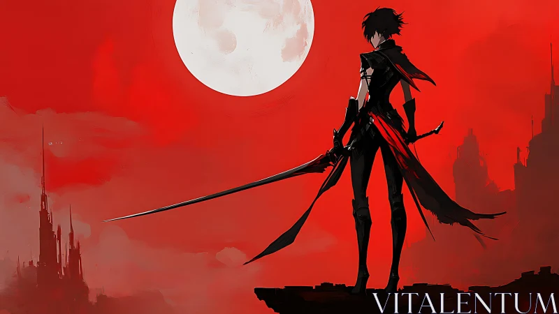 Silhouetted sword figure stands before large full moon