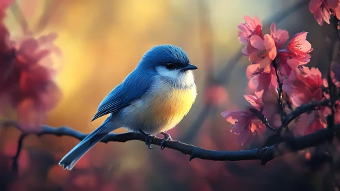 Blue songbird on cherry blossom branch in dreamy sunset light.