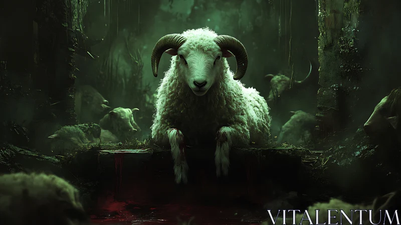 Horned ram above red pool in dark green forest scene.