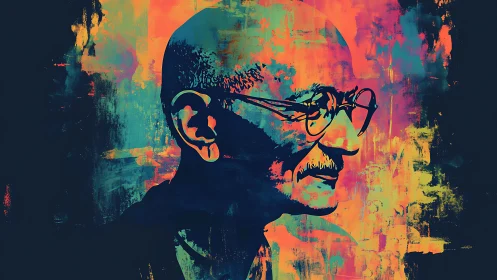 High-contrast multicolor portrait overlayed on textured abstract ground