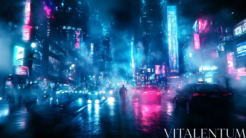 Neon-soaked cyberpunk avenue with lone street silhouette.