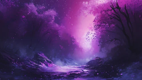 Iridescent magenta forest corridor under volumetric nebula glow