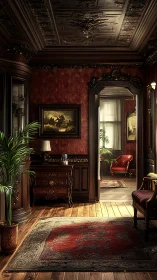 Victorian interior corridor rendered in warm photorealistic light
