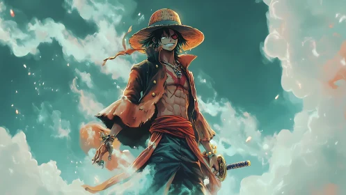 Straw hat warrior stands amid glowing storm clouds.