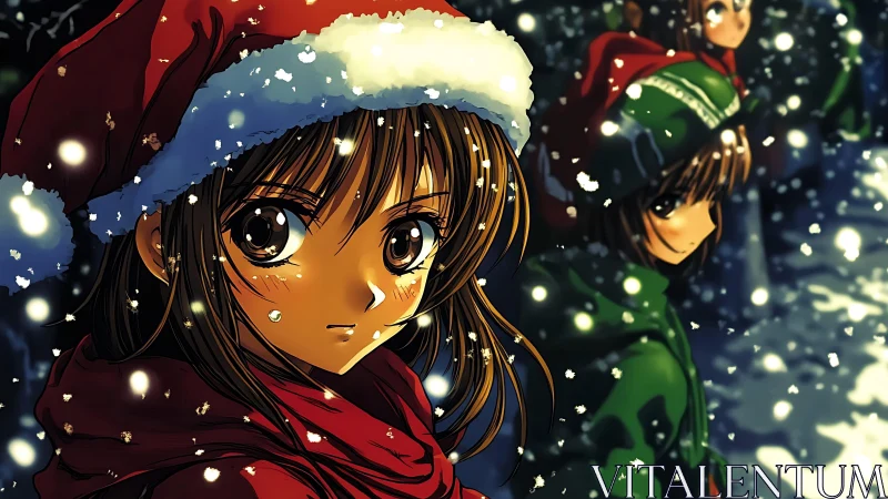 Anime girl in red Santa hat under falling winter snow.