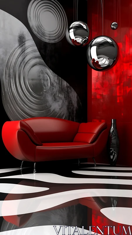 Red modern sofa in abstract black white red interior scene.