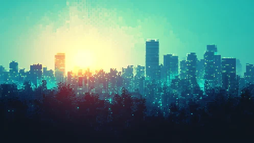 Pixel-structured city skyline renders luminous sunrise gradient