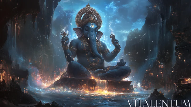 Colossal blue deity meditating above fiery ocean chasm.