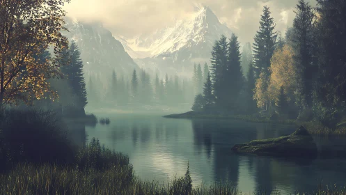 Snow-covered peaks rise beyond a conifer-lined mountain lake